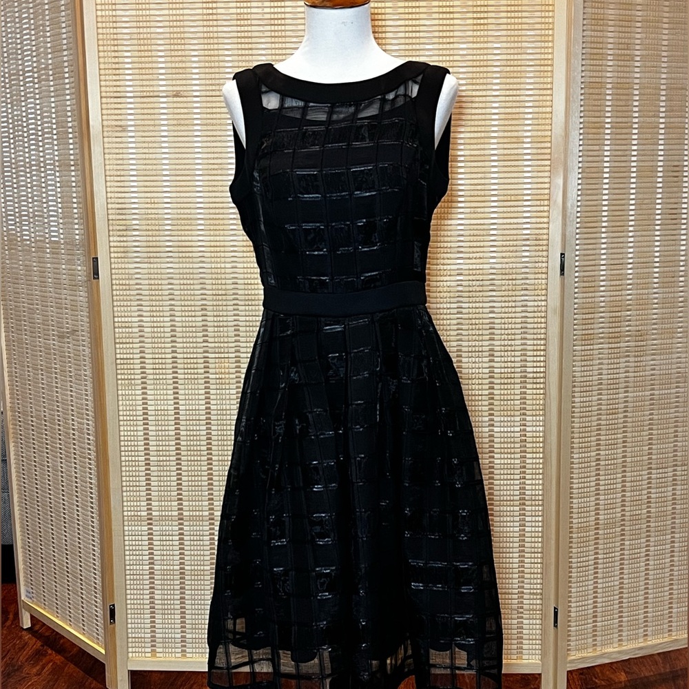 Ellen Tracy cocktail dress size 2 pleated checkerboard sheer black